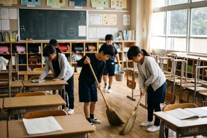 ほうきと雑巾で教室を掃除する子どもたち