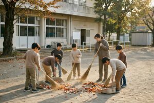 校庭の落ち葉を掃く子どもたち