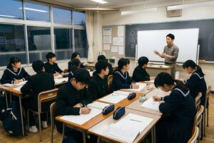 夜の塾で講師の話を聞く中学生たち