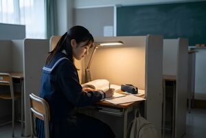 自習室で集中する高校生