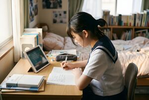 タブレットで授業を見ながらノートを取る高校生