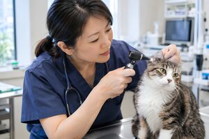 猫の耳を診察する獣医