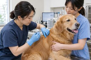 犬にワクチンを接種する獣医と看護師
