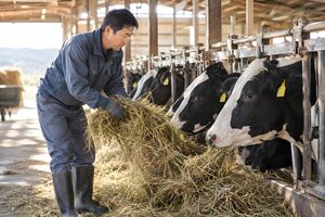 牛舎で牛に干し草をやる酪農家
