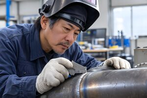 溶接部分を検査する溶接工