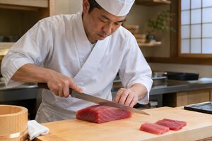 包丁でマグロを切る寿司職人