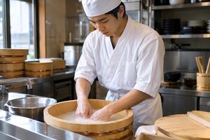 シャリの米を研ぐ見習い
