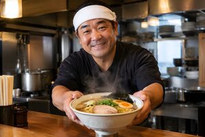 丼を差し出すラーメン店主