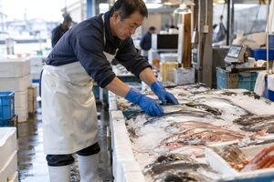 氷の上に魚を並べる魚屋
