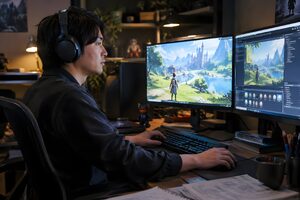 3Dのゲーム画面に向かう開発者