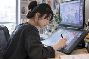 ペンタブレットでキャラクターを描くデザイナー