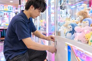 クレーンゲームの景品を補充するスタッフ