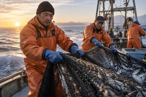 網を引き上げる漁師たち
