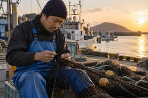 網を繕う漁師