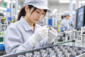 部品を検品する工場作業員