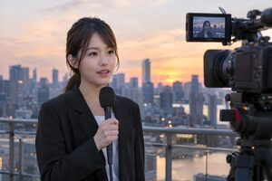 カメラに向かって中継する記者
