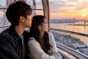 夕暮れの観覧車から景色を眺めるカップル