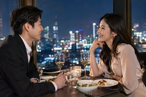 夜景の見えるレストランで食事するカップル
