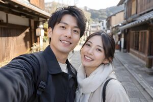 古い町並みで自撮りするカップル