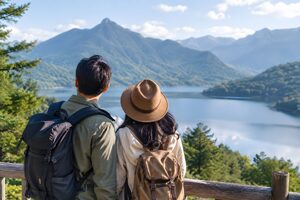 山の湖を眺める旅行中のカップル