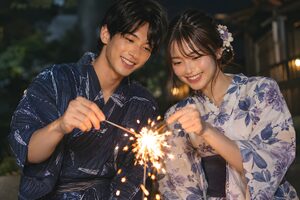 線香花火を楽しむ浴衣のカップル