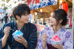 かき氷を分け合う浴衣のカップル