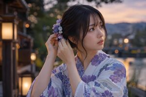 待ち合わせで髪飾りを直す浴衣の女性