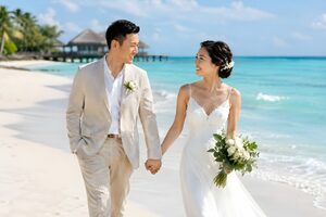 南国のビーチを歩く新婚夫婦