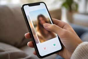 スマホのプロフィールをスワイプする手元