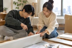 一緒に家具を組み立てるカップル