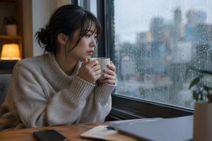 雨の窓辺で一人たたずむ20代女性