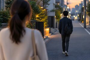 去っていく男性と立ち尽くす女性