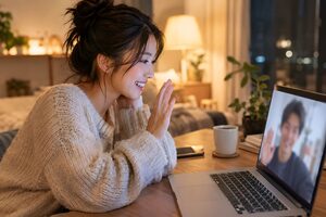 ビデオ通話で恋人と話す20代女性