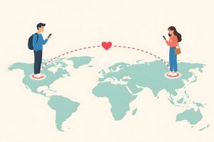 地図の上で離れた二人をつなぐハートのイラスト