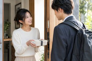 朝の玄関で夫を見送る新婚の妻