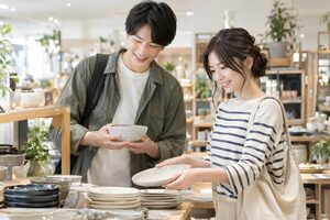 一緒に食器を選ぶ新婚夫婦