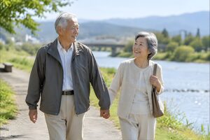 川沿いを手をつないで歩く熟年夫婦