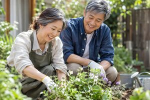 庭で一緒に土いじりをする熟年夫婦