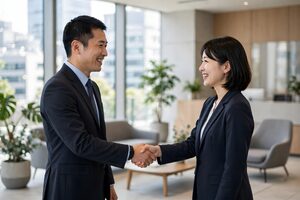 オフィスのロビーで握手するビジネスパーソン