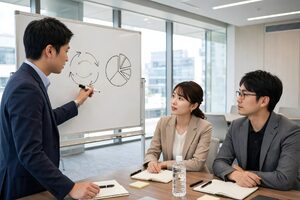 ホワイトボードを使って説明するチームリーダー