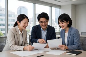 書類を見ながら笑顔で相談する3人の会社員