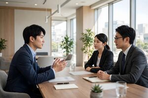 会議室で面接を受ける男性
