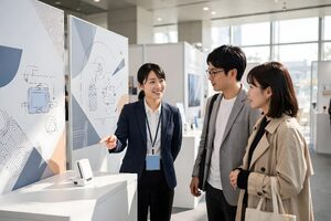 展示会のブースで来場者に説明する女性スタッフ