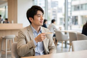 カフェで休憩するビジネスマン