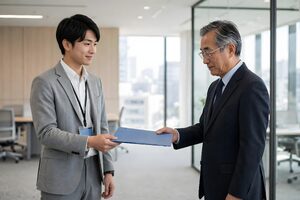 上司に書類を手渡す若手社員