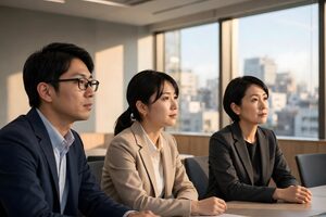 夕方の会議室で話を聞く3人の社員