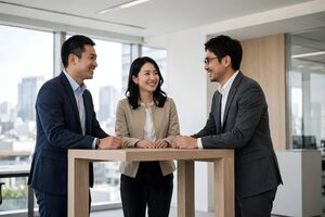 ハイテーブルを囲んで立ち話するビジネスパーソン