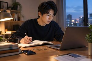 投資の勉強をする20代男性