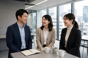 コーヒーを囲んで雑談する同僚3人