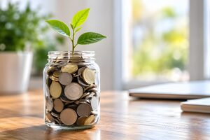 硬貨を詰めた瓶から伸びる芽